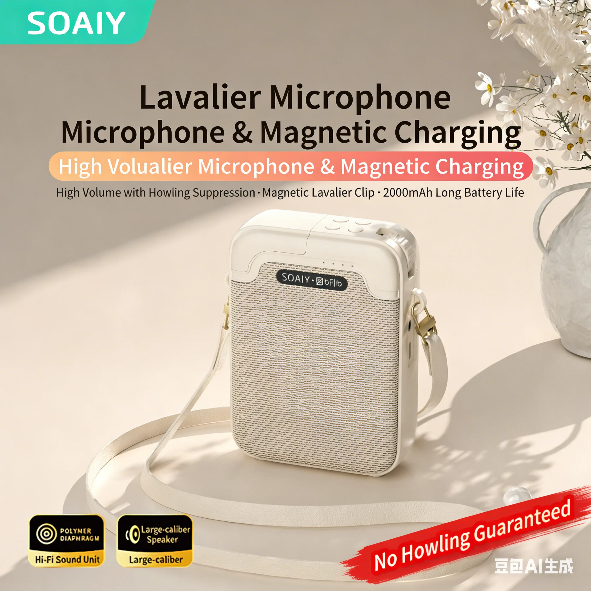 

Портативный голосовой усилитель SOAIY KY02 Air 20W с беспроводным петличным микрофоном, шумоподавлением DSP, аккумулятором 2000 мАч и Bluetooth-колонкой-плеером