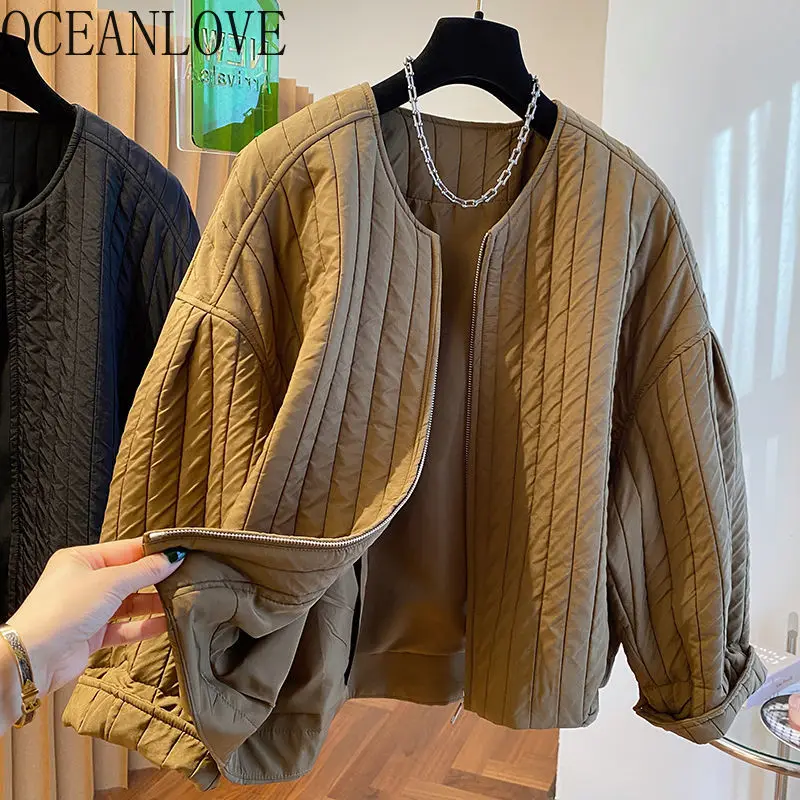 OCEANLOVE Autumn Winter Jackets for Women Zipper Korean Fashion Solid Vintage Warm Parkas Coat Loose Simple Chaquetas Mujer