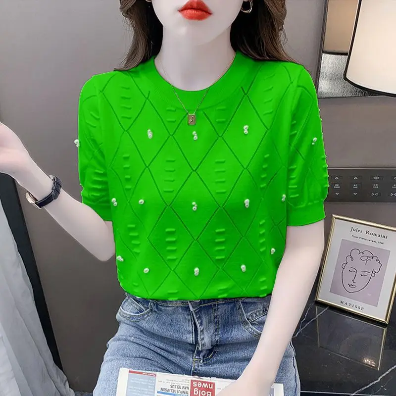 2023 Summer New Solid Color Round Neck Short Sleeve Knitting T-Shirts Women Thin Style Embroidered Flares All-match Pullovers