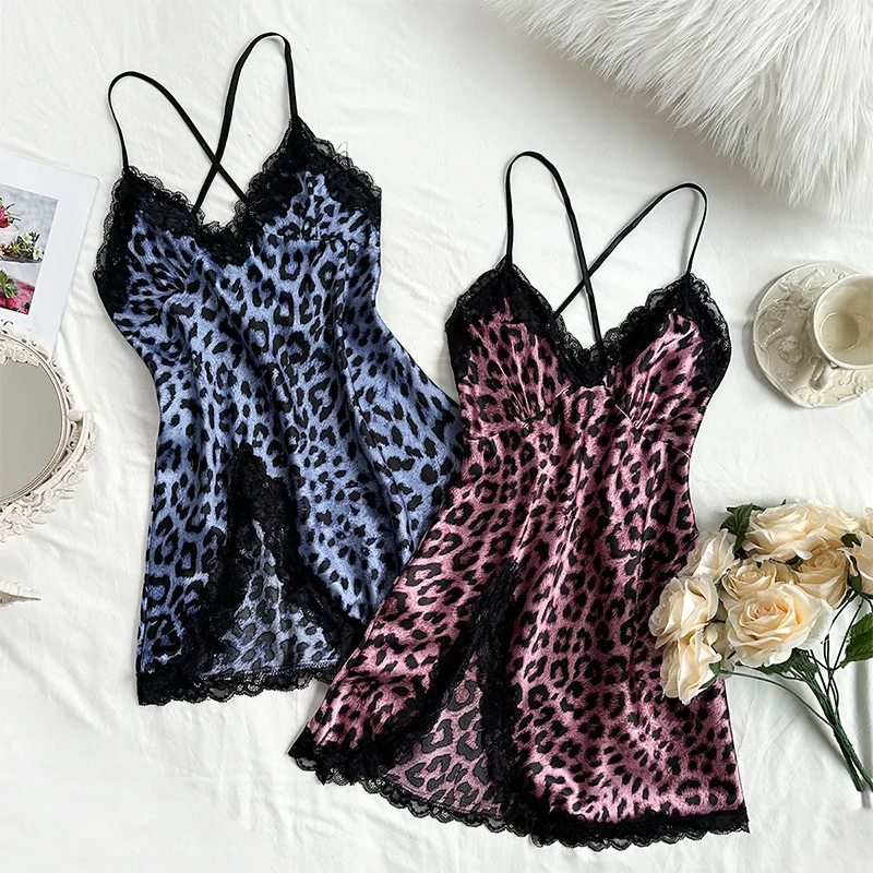 

2 шт., женская сексуальная шелковая тонкая атласная ночная рубашка с кружевной юбкой с высоким разрезом, модная кружевная одежда для дома с леопардовым принтом