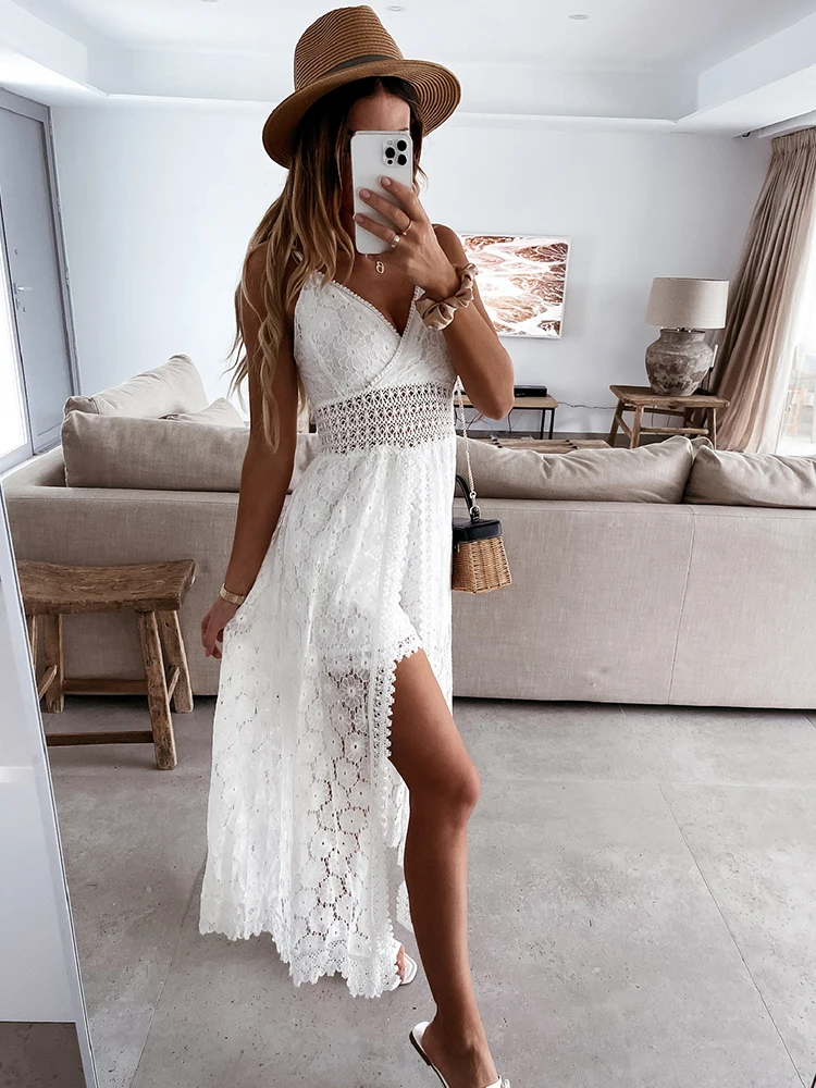 D Rauuing V-hals Lace Midi Jurken Voor Vrouwen Mouwloze Hollow Out Midi Strand Split Jurken Mode Zomer Vakantie Effen