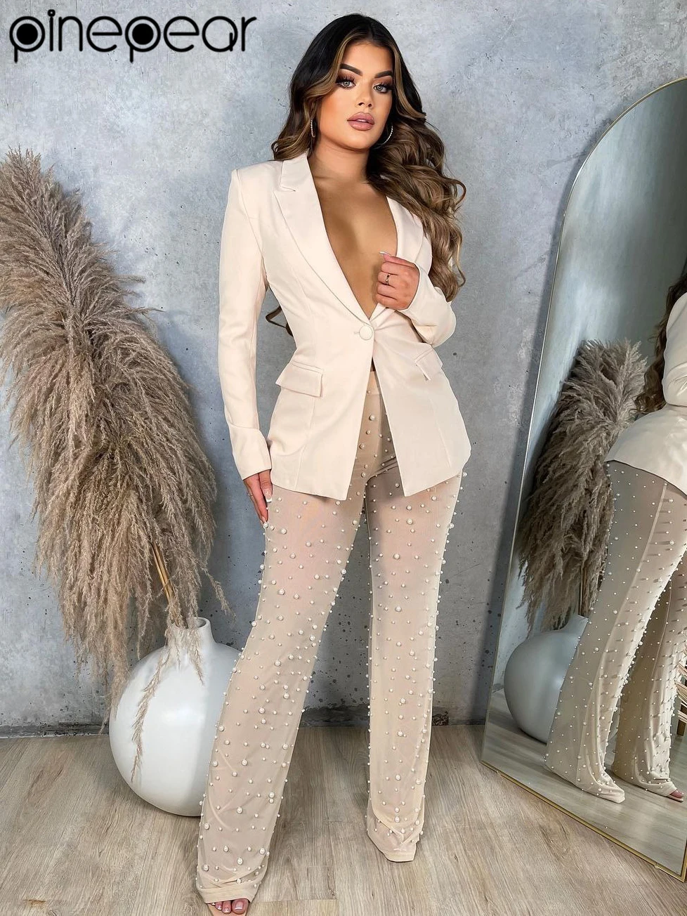 

PinePear 2025 HIGH STREET сексуальный пиджак для женщин, пиджак с длинными рукавами и сетчатые брюки с бисером, комплект клубной одежды с нижним бельем
