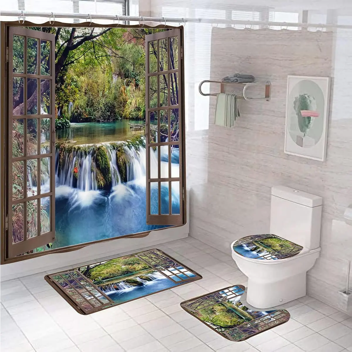 

Waterproof Polyester Shower Curtain Waterfall Nature Tropical Forest Landscape Print Bathroom Decor Accessories for Home