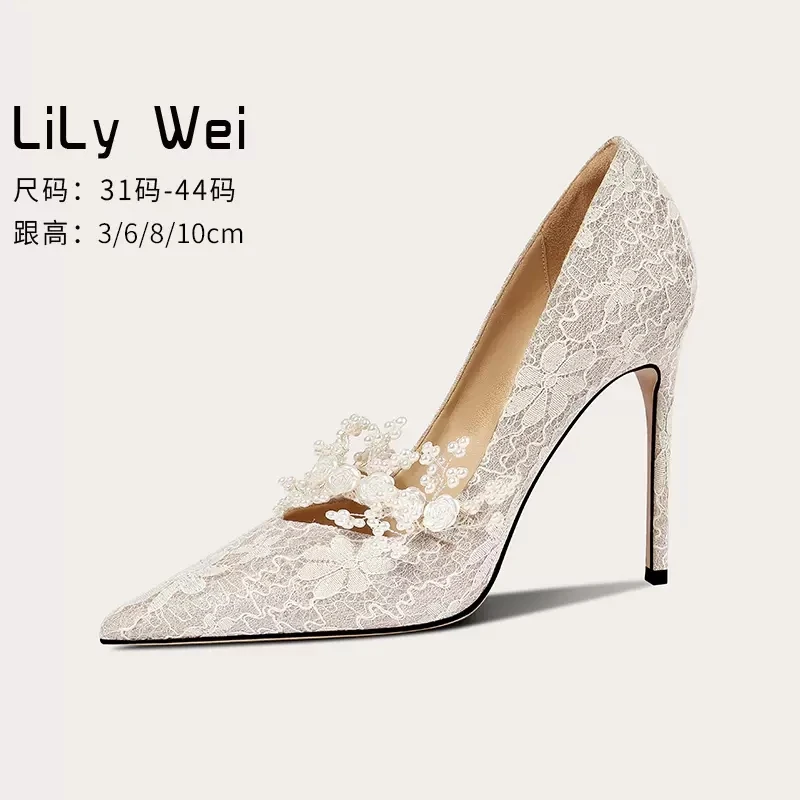 Spring and summer new pointy head lace pearl flower wedding shoes thin high-heeled party dress large small women's single shoes