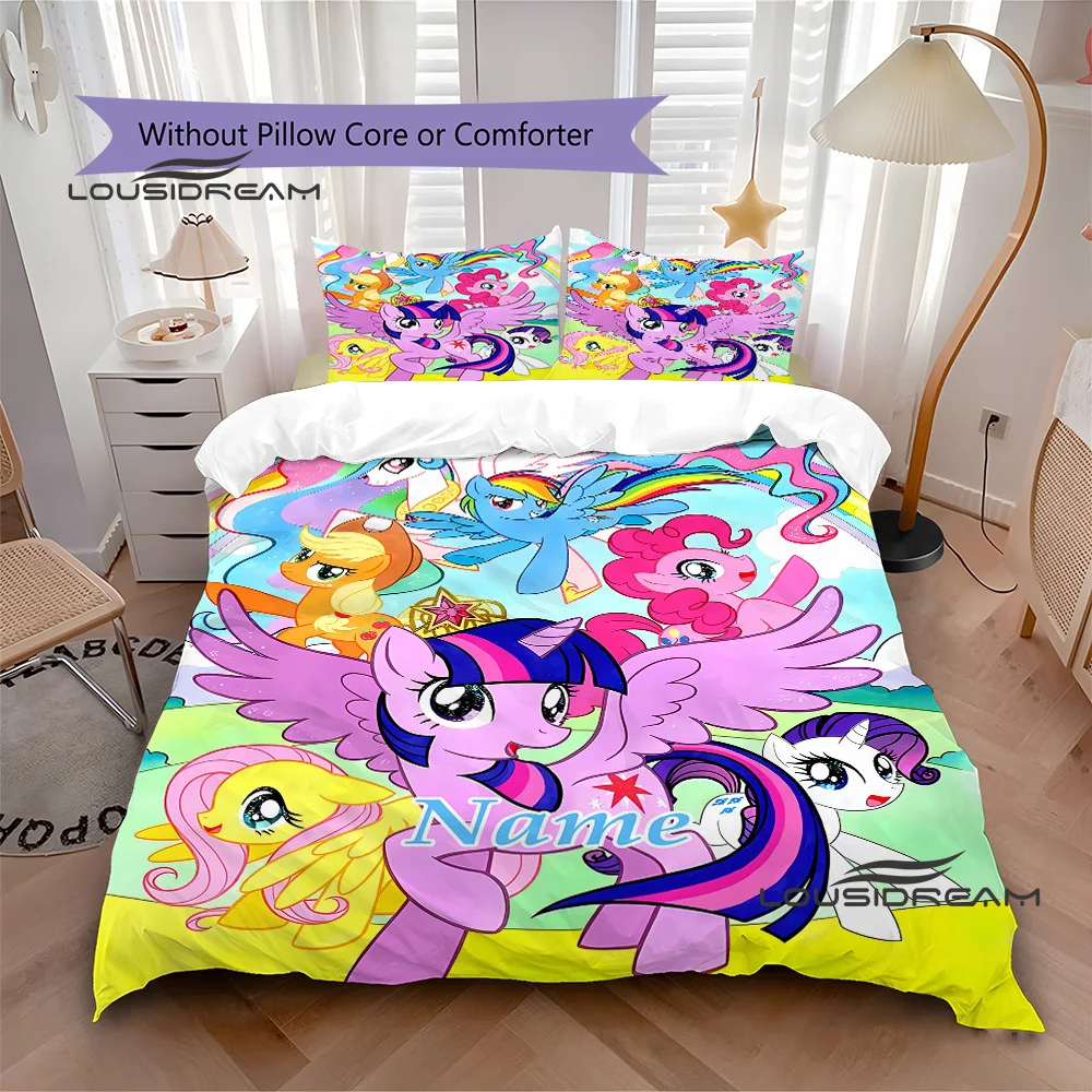 

Название на заказ My Little Pony, комплект пододеяльников с героями мультфильмов, 1 пододеяльник и 2 наволочки, персонализированный комплект постельного белья для женщин-подростков