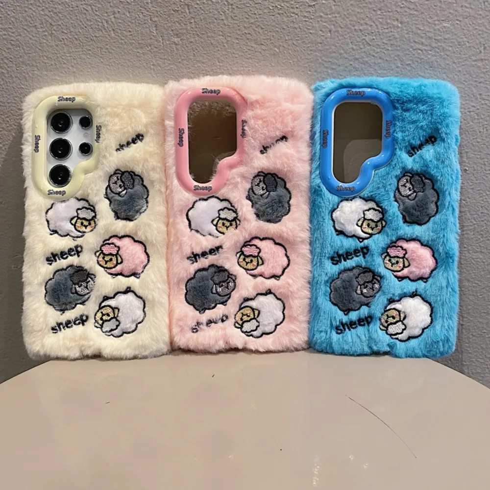 Plush Embroidered 3D Cartoon Sheep Phone Case For Huawei Mate 60 P70 Pro Plus Ultra Hole Lens Holder Protection Cover