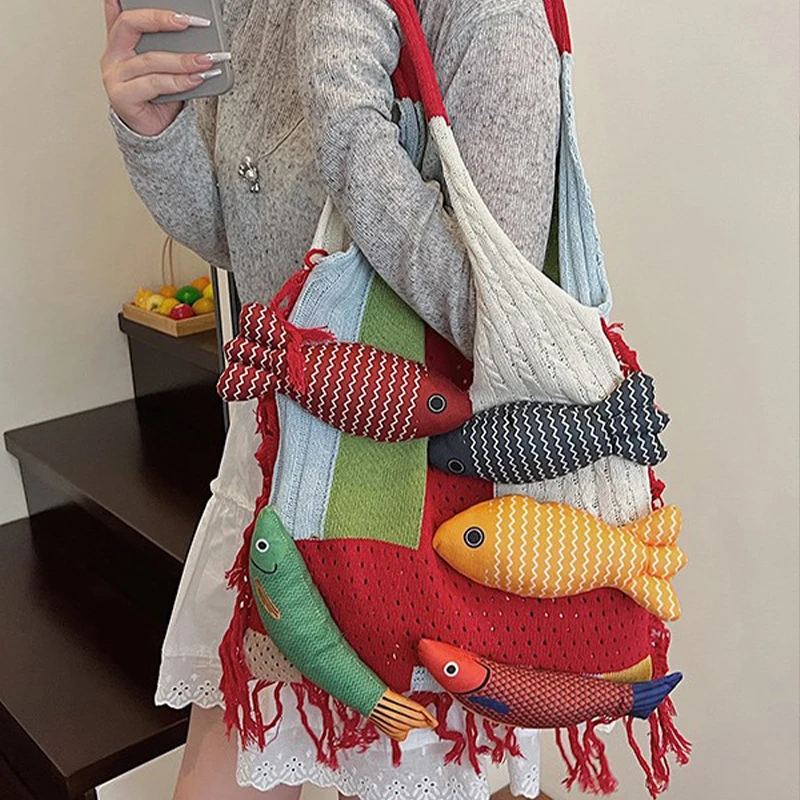 

Cute Little Fish Knitted Tote Bag Women's Versatile Shoulder Bag Summer Commuter Contrasting Cut out Design 2025New Trendy Style