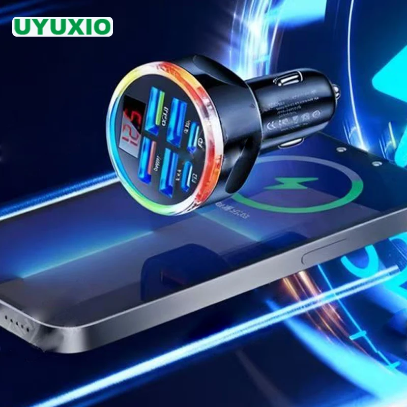UYUXIO 6 in 1 USB C Car Charger  with Voltage Display Multi Port Fast Charge Adapter with Volt Meter for iPhone 17 16 Samsung