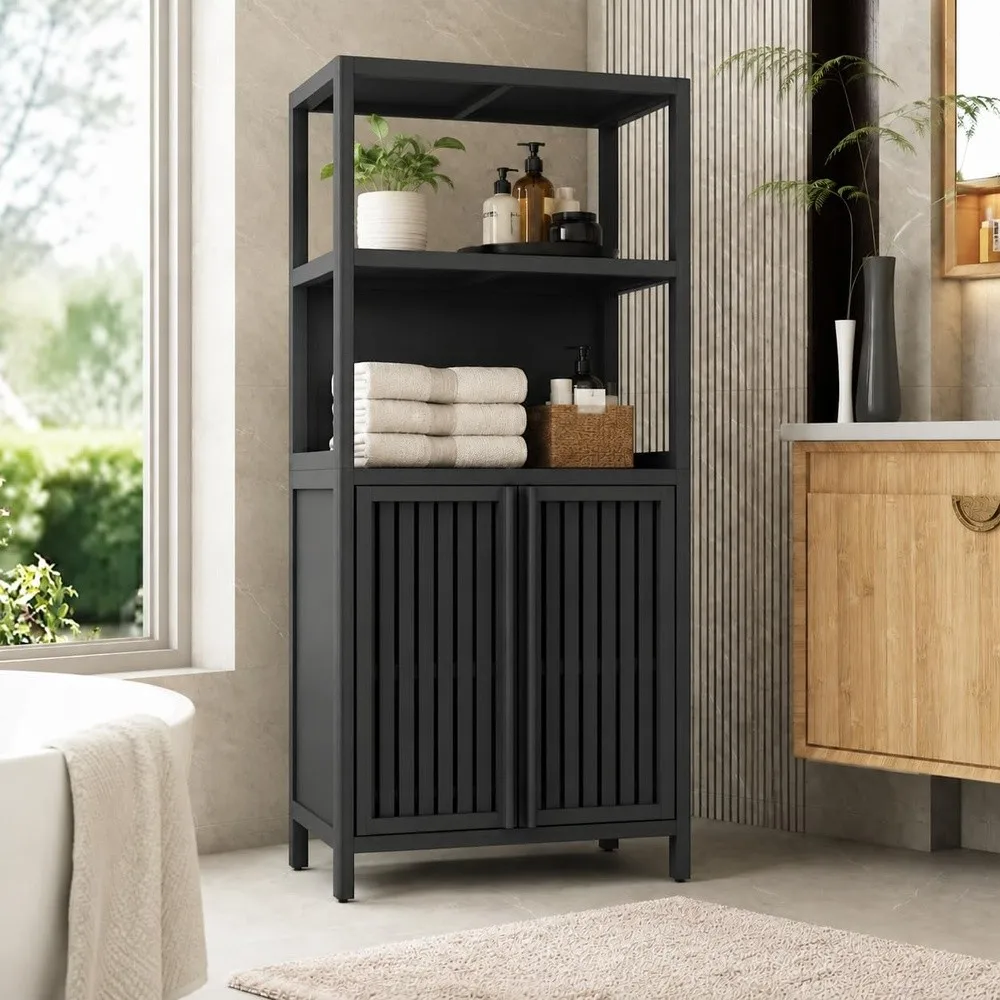 52 Inch Tall Bamboo Bathroom Storage Cabinet with Doors Black
