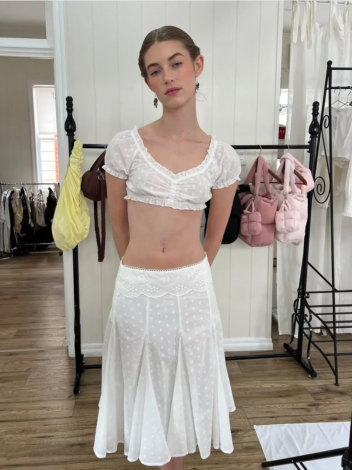 White Embroidered Lace Low Waist Midi A-Line Skirt Holiday Style  Skirt Mint Green Color New Arrival 2026 Summer Collection