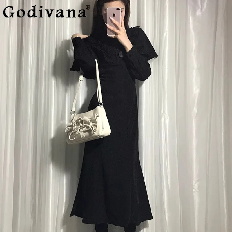 French Hepburn Style Black Cape Dress for Women Spring Autumn Waist-Cinching Lolita Dress Female Bodycon Mermaid Long Dress