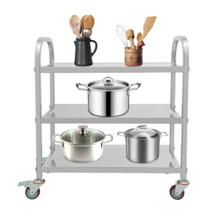 

3 Tier Stainless Steel Kitchen Trolley Cart Utility Serving Storage Rolling Cart Shelf Metal Storage Rack with Locking Wheels B