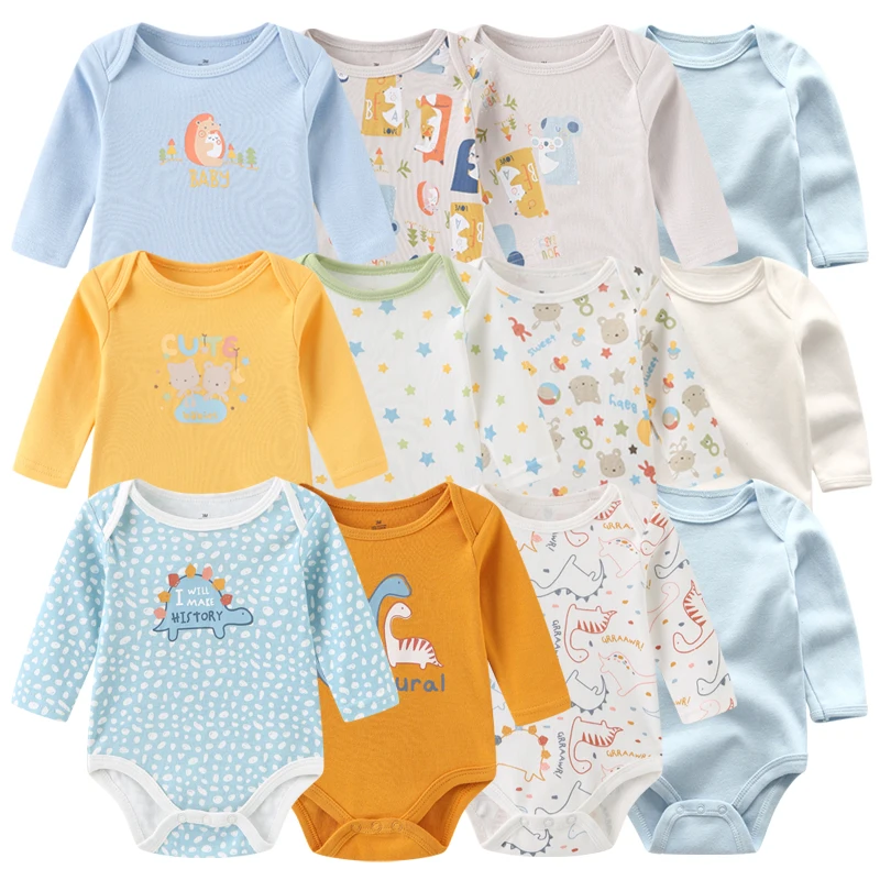 4Pieces Unisex Cotton Baby Girl Clothes New Born Long Sleeve Baby Boy Clothes Sets Print Anmial Bodysuit Solid Color Bebes