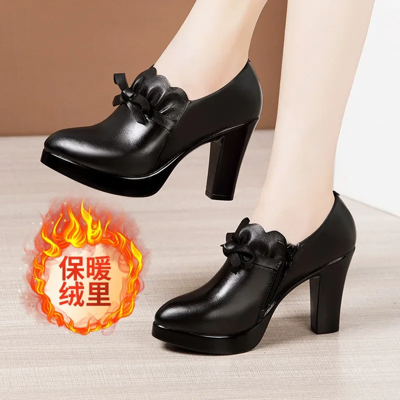 9cm 11cm Small Size 32-43 Elegant Black Bow Block High Heels Shoes for Office Model 2024 Thick Bottom Deep Mouth Platform Pumps