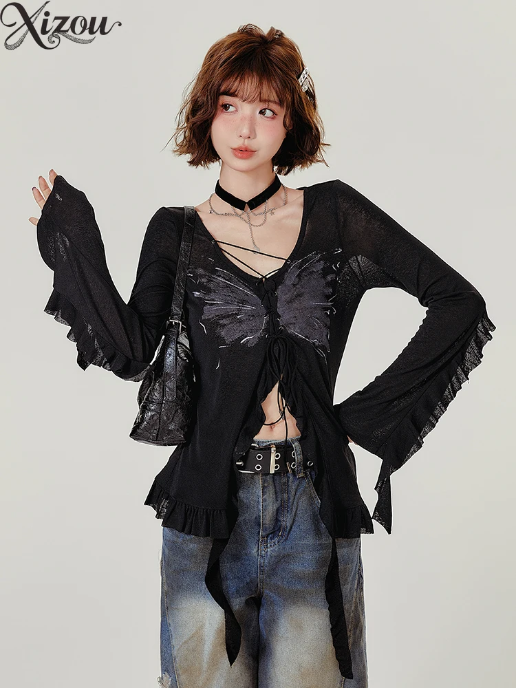 

2025 женские осенне-летние топы American Spicy Girl в Корейском стиле Y2k Harajuku с длинными рукавами и оборками, трикотажные топы с бабочкой и бантом, тонкие черные