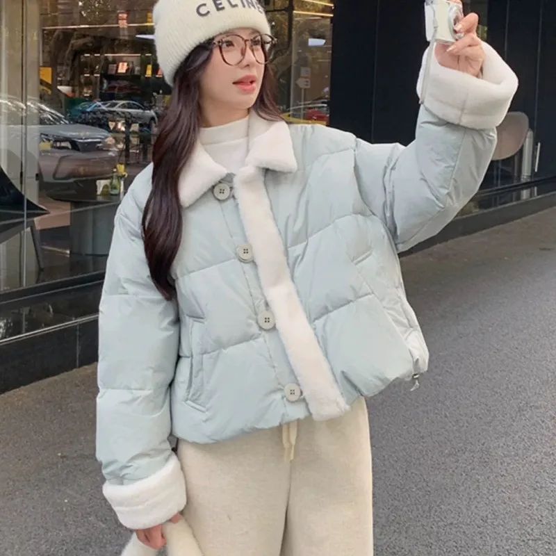 Women's Winter Tops Jacket Cotton Coat Splicing Sweet Short Warm Thickened Vintage Comfortable Leisure Niche Versatile Skinny