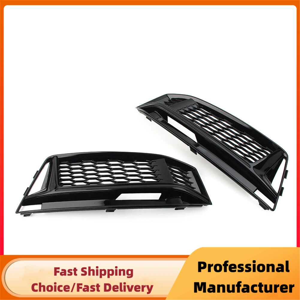 Glossy Black Front Bumper Fog Light Grille For Audi A4 For S4 B9 S-line 2016-2018 Honeycomb Mesh Pair Fog Lamp Cover