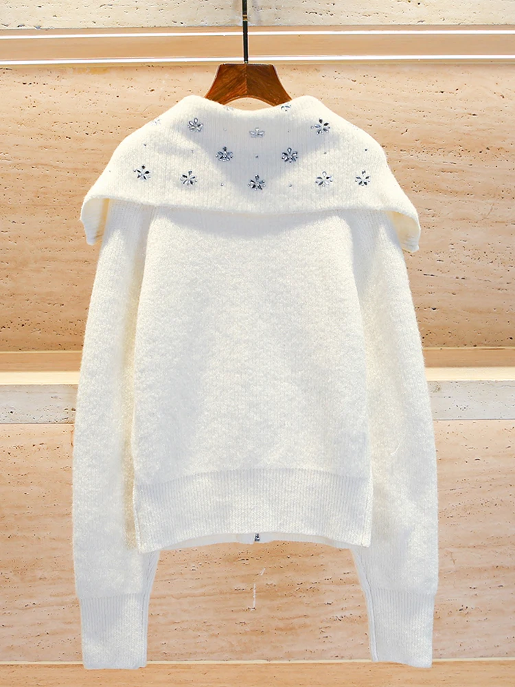 

MIGII High-End Winter Navy Collar Knitted Sweater Coat Women's Faion College Sle Commute Simple Regular Diamond Embellied