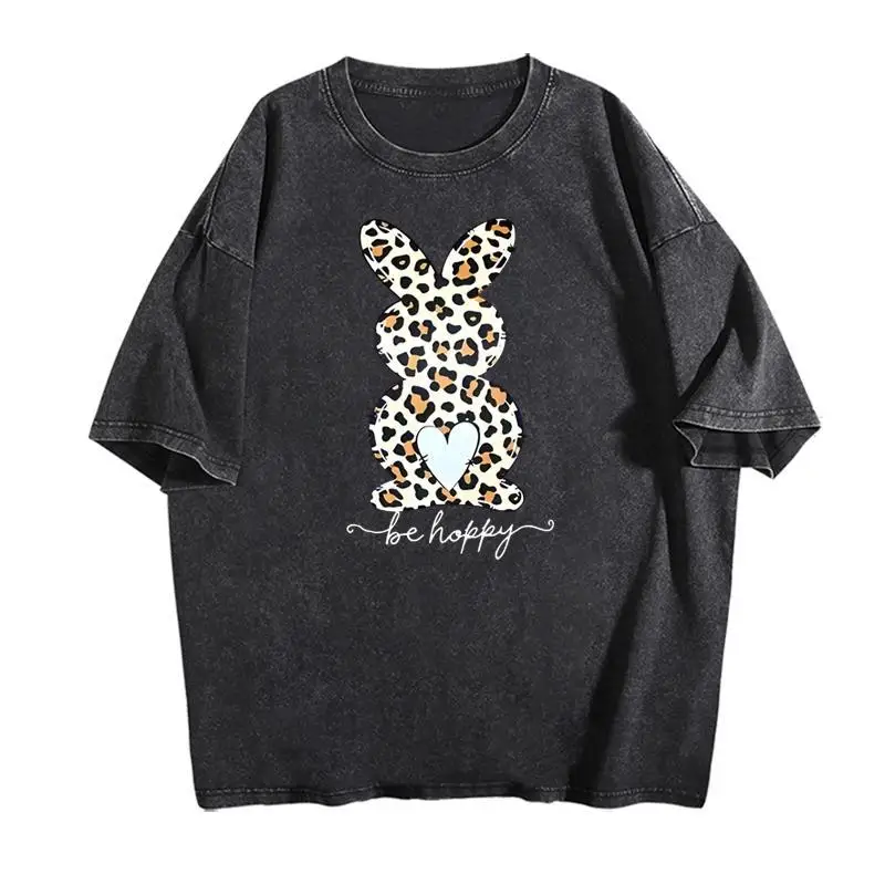 

Vintage Washed T-shirt Women Leopard Bunny Print Oversized Tee Casual Loose Short Sleeve Harajuku Streetwear Y2K Grunge Style