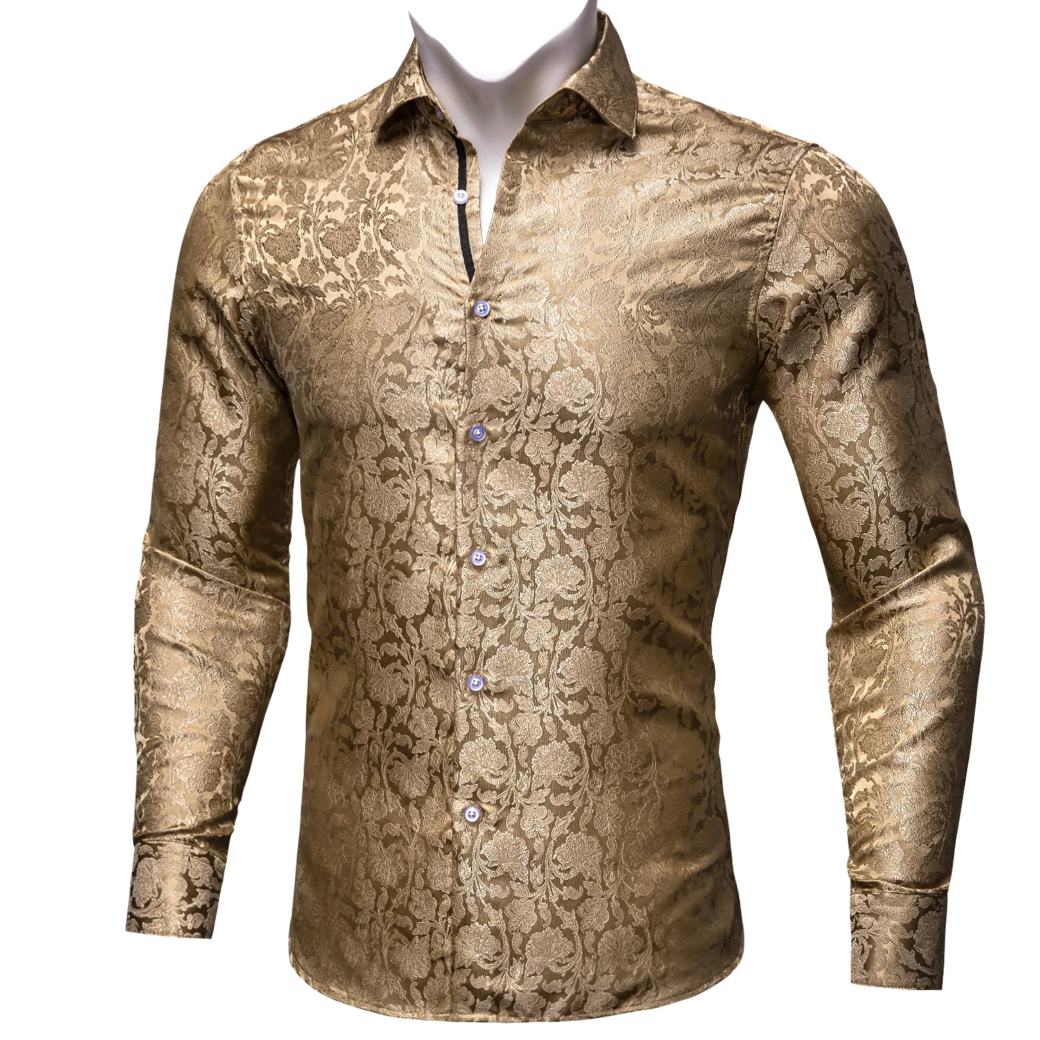 Barry.Wang 4XL Luxury Gold Paisley Silk Shirts Men Long Sleeve Casual Flower Shirts For Men Designer Fit Dress Shirt BY-0068