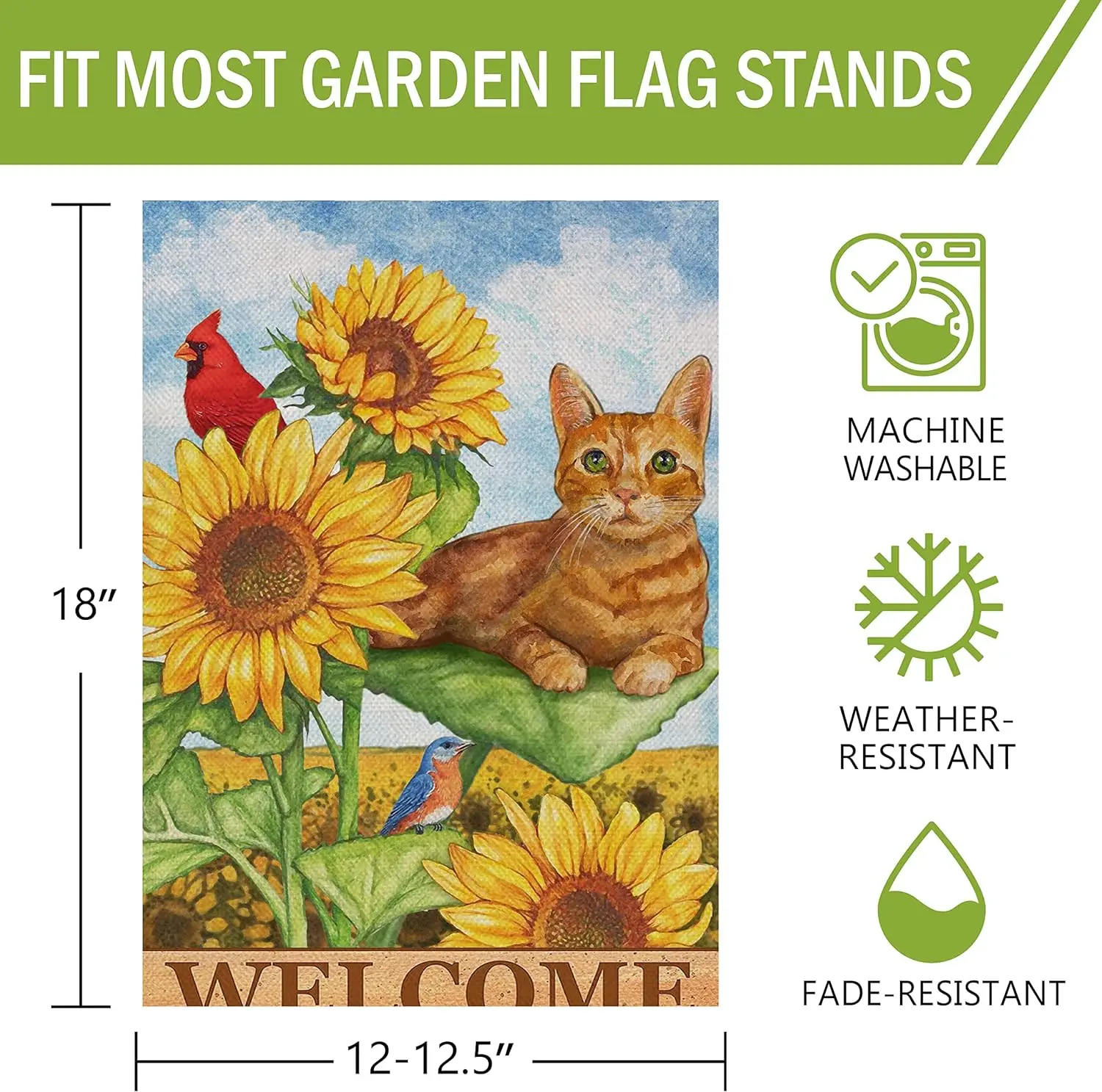 Cat Cardinal Sunflower Welcome Spring Summer Decorative 12x18in Garden Flag Yard Orange Kitty Tabby Red Bird Outside Decor