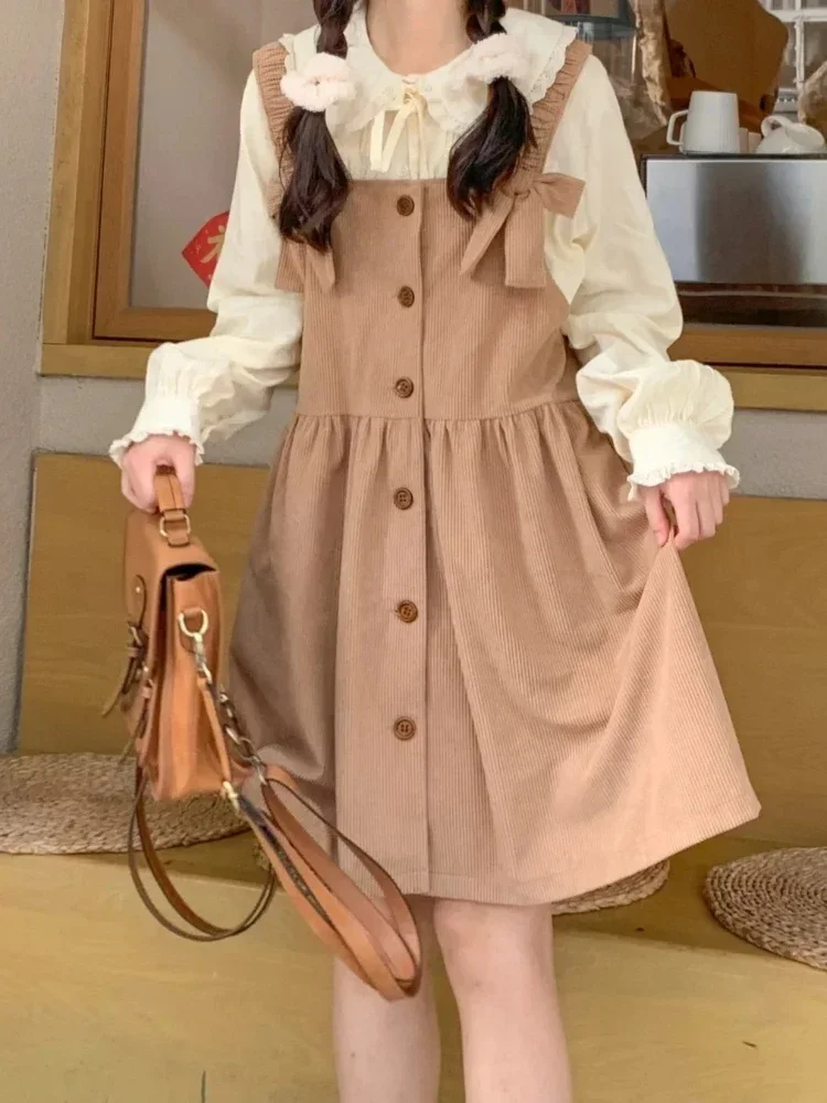 Preppy Style Matching Sets Peter Pan Collar Puff Sleeve Shirts Bow Patchwork Tank Dress Summer Sweet Design Women Clothing 2024