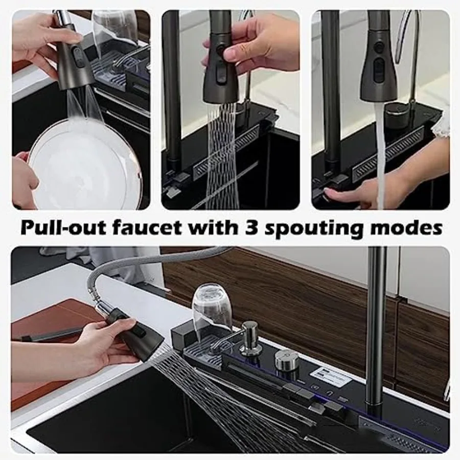 Digital Display Embossed Stainless Steel Nano Black Raindance Waterfall Drop In Sink with Pressurized Cup Washer and Two Waterf