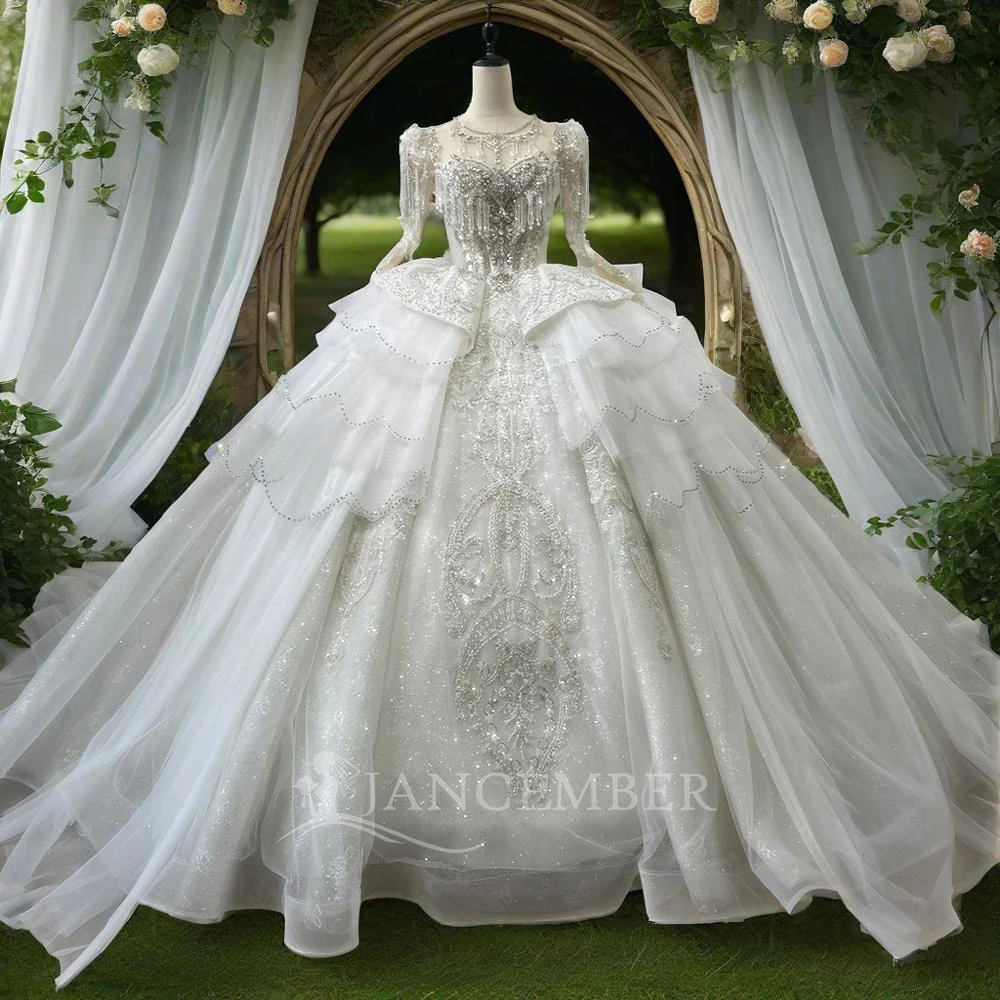 

Vestido de novia de princesa femenina vestido de baile de novia de manga larga con tirantes de espalda abierta personalizado