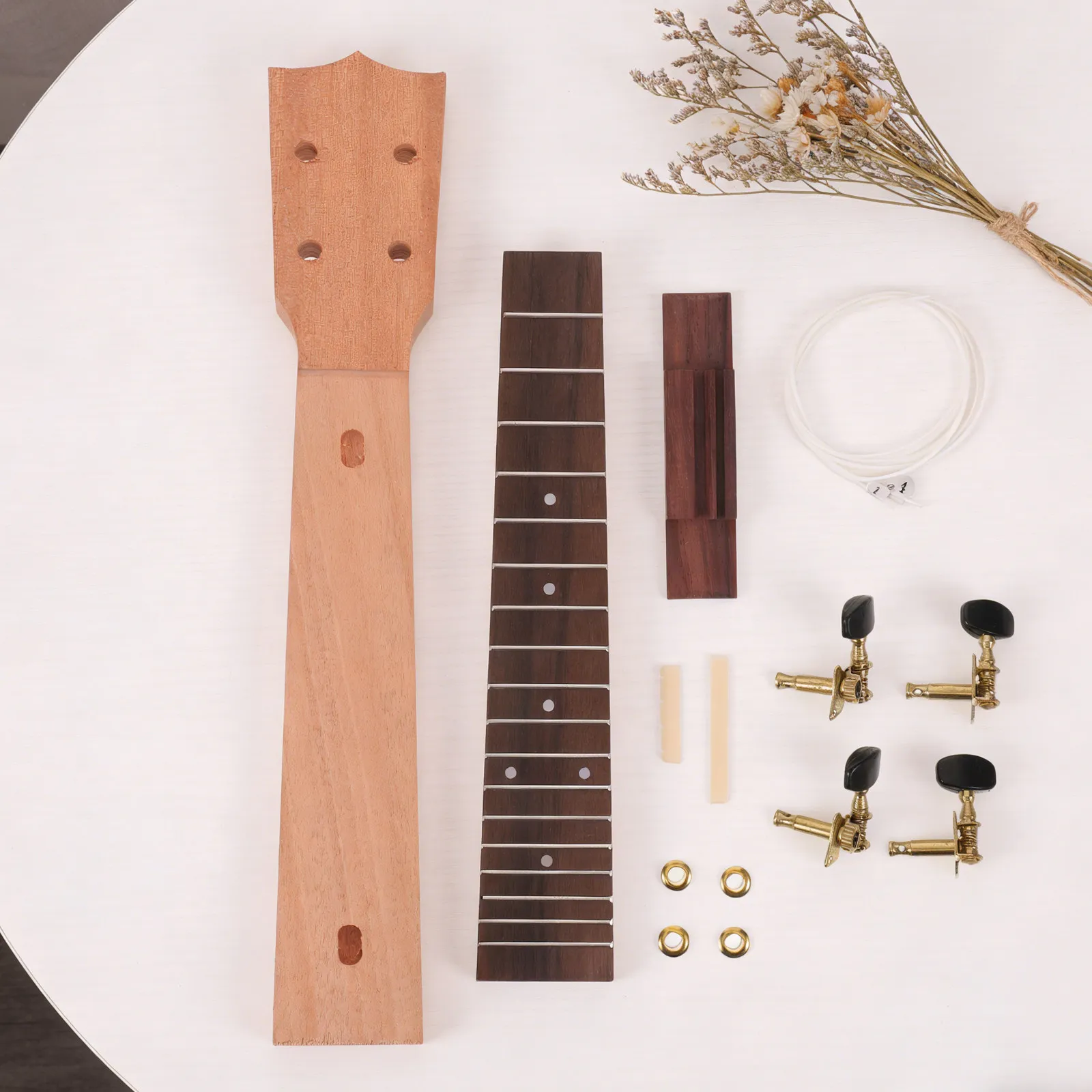 1 Conjunto de Kit de Braço para Ukulele, com Escala de Madeira e Fretboard, para Montagem DIY, Peças de Reposição e Reparo, para Ukulele Soprano, Concerto, Tenor, e Ponte de Cordas