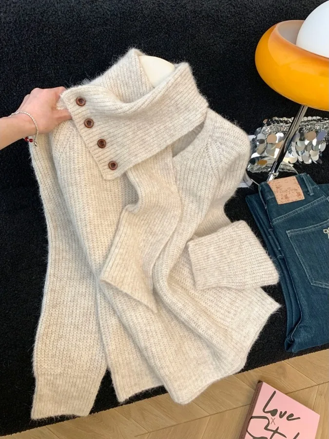 

Женский вязаный свитер с шарфом, большие размеры, теплый, осенне-зимний, новинка, удобный, свободный крой, модный