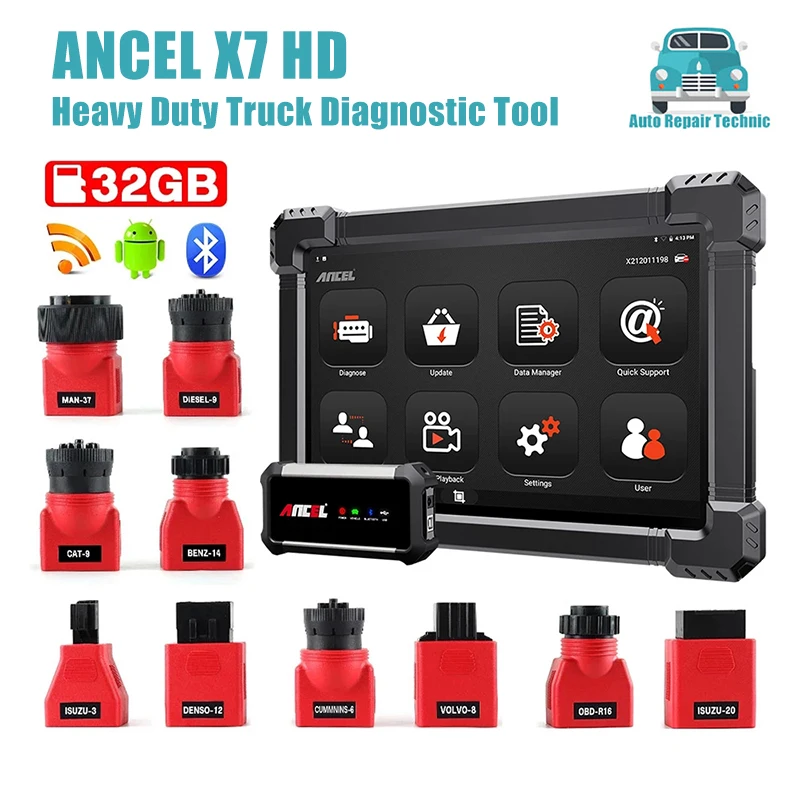 AN-CEL X7 HD Auto Code Reader OBD2 Heavy Duty Truck Diagnostic Tool Full System Active Test 12V 24V Oil DPF Regen ECU Reset