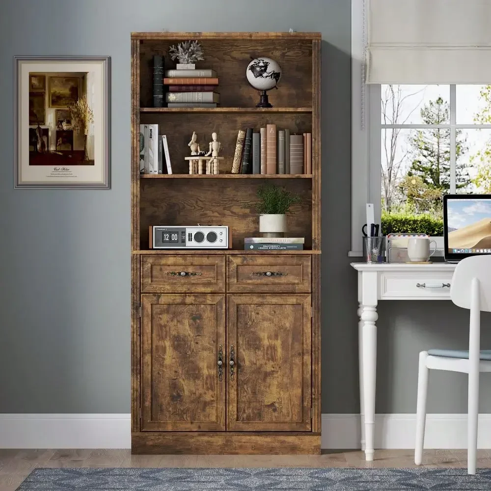 Bookcase With Doors And Drawers, Adjustable Shelves, P2 MDF Construction, Freestanding Cabinet With Metal Handles, Hidden Stora