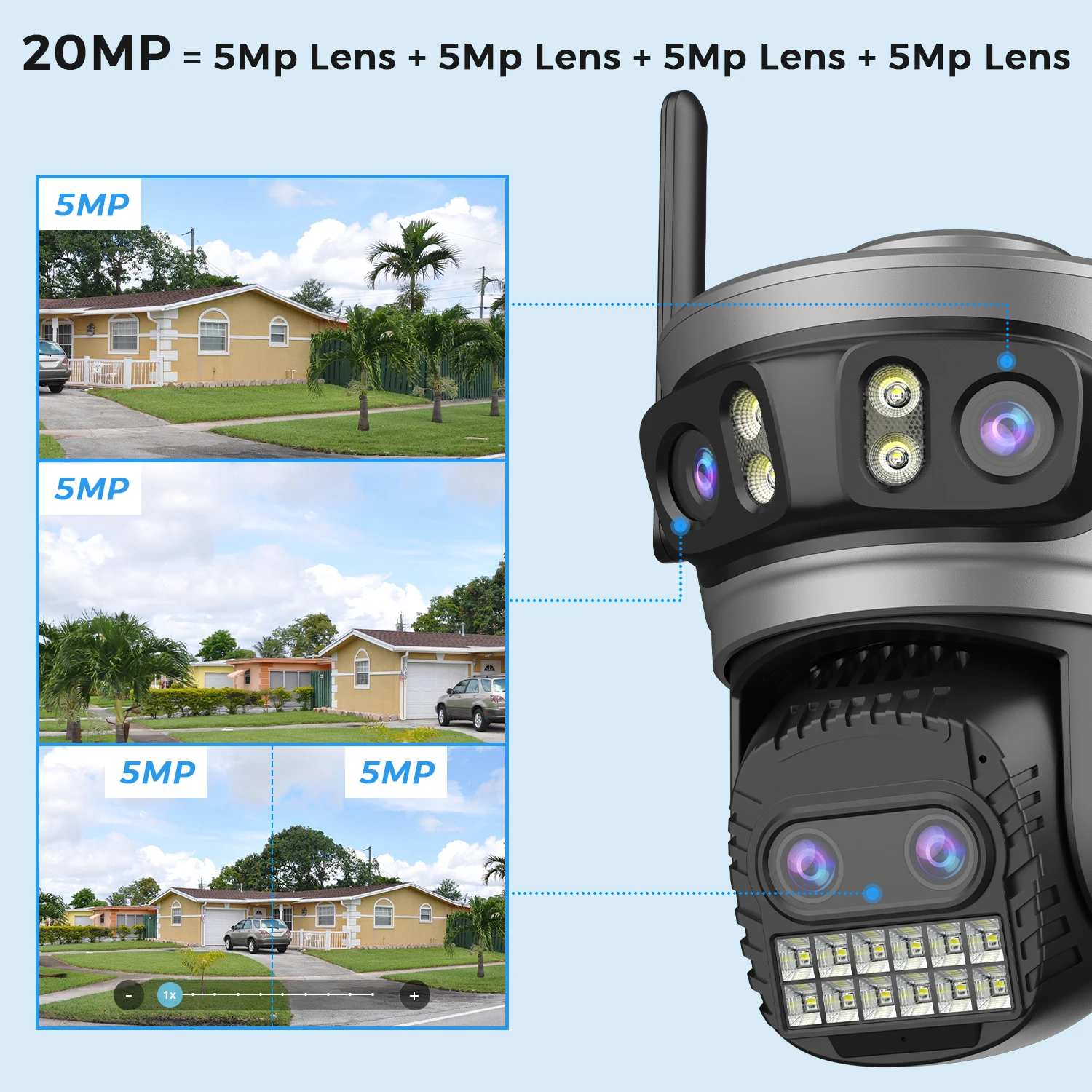 20MP 10K PTZ Wifi Camera Four Lens 10X Zoom Surveillance Camera Outdoor 360°No Dead Angle Ultra Long Range Night Vision Security