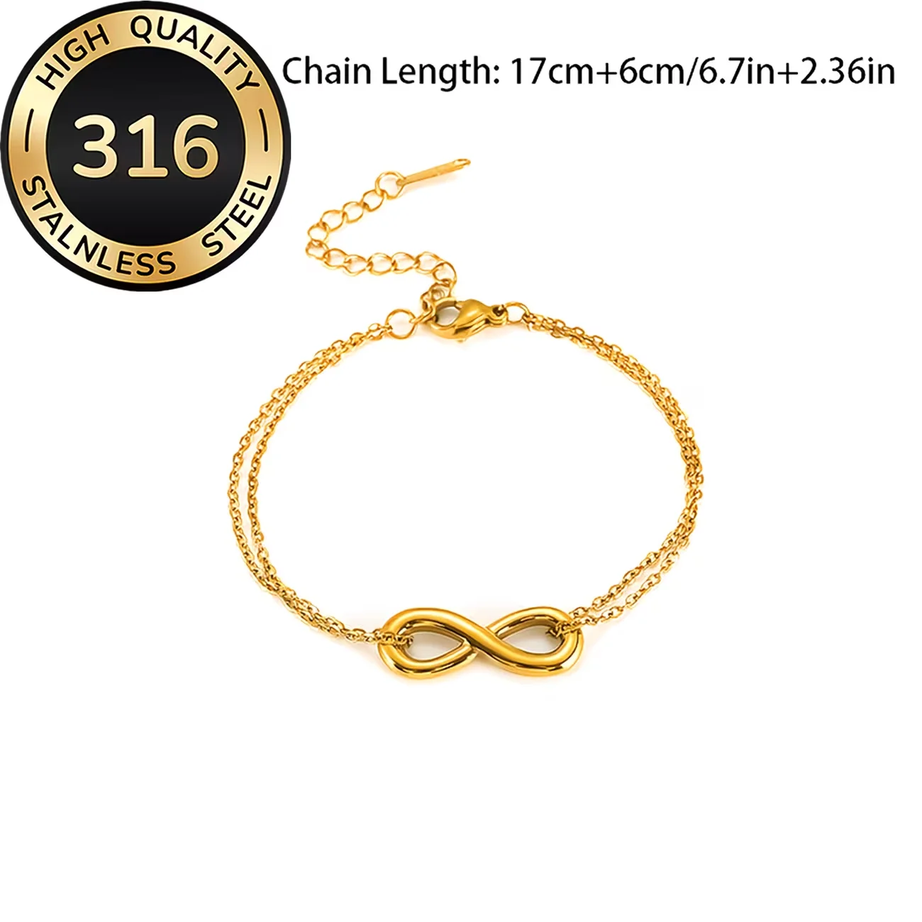 316L Stainless Steel Gold Plated Minimalist Infinity Sign Charm Bracelets Love Freedom Pendant for Women Office Ladies Everyday