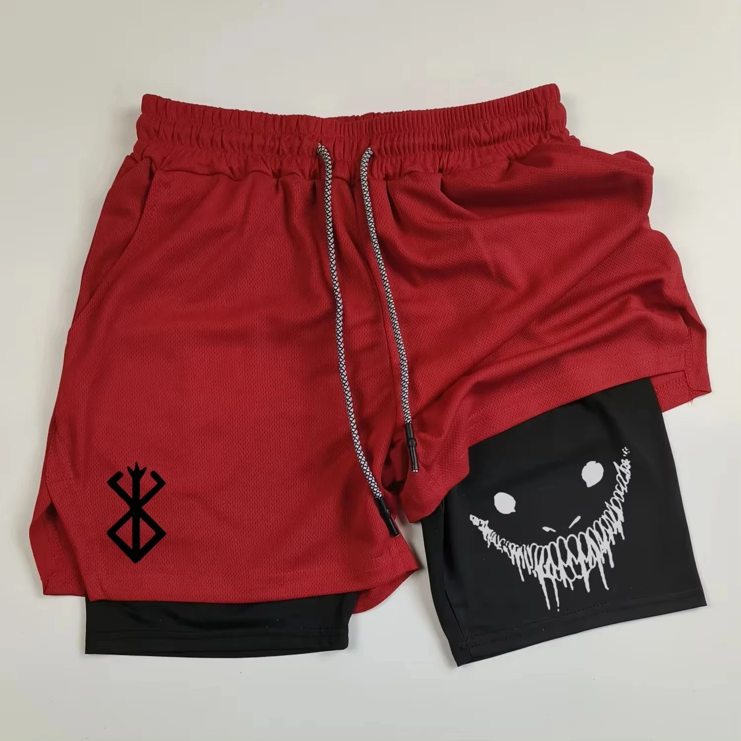 Anime Berserk Running Shorts Men Fitness Gym Training 2 in 1 Sports Shorts Quick Dry Workout Jogging Double Deck Towel Shorts