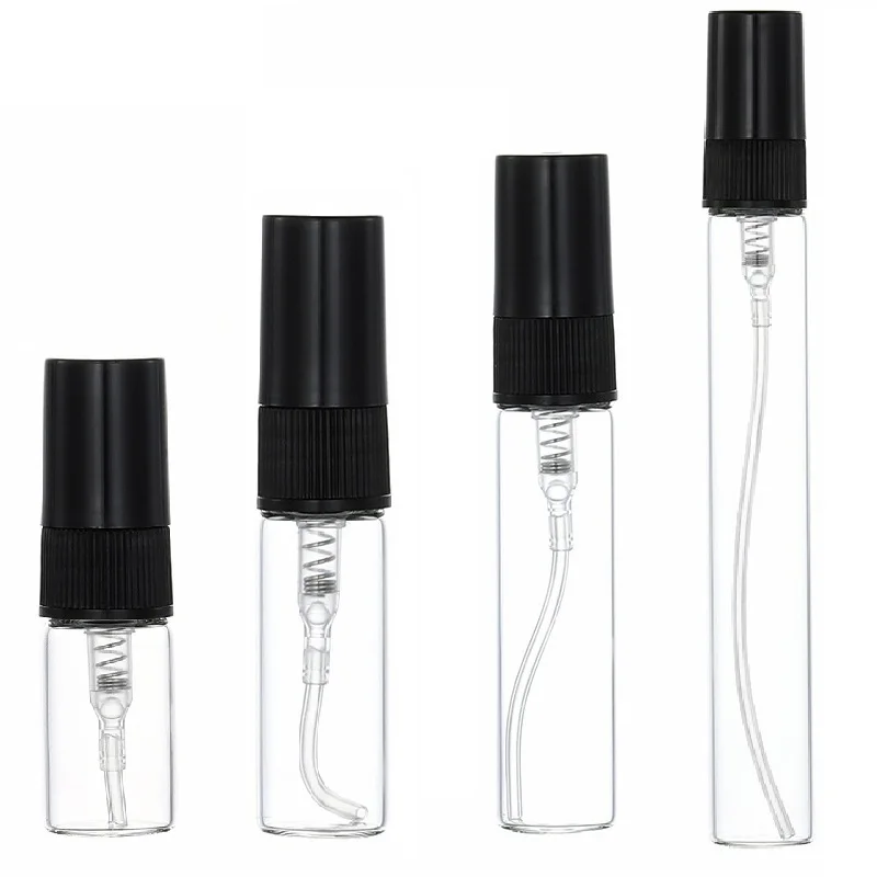 

50Pcs Perfume Refill Bottle Clear Glass Vials 2ml 3ml 5ml 10ml Black Screw Pump Portable Packaging Atomizer Spray Bottles