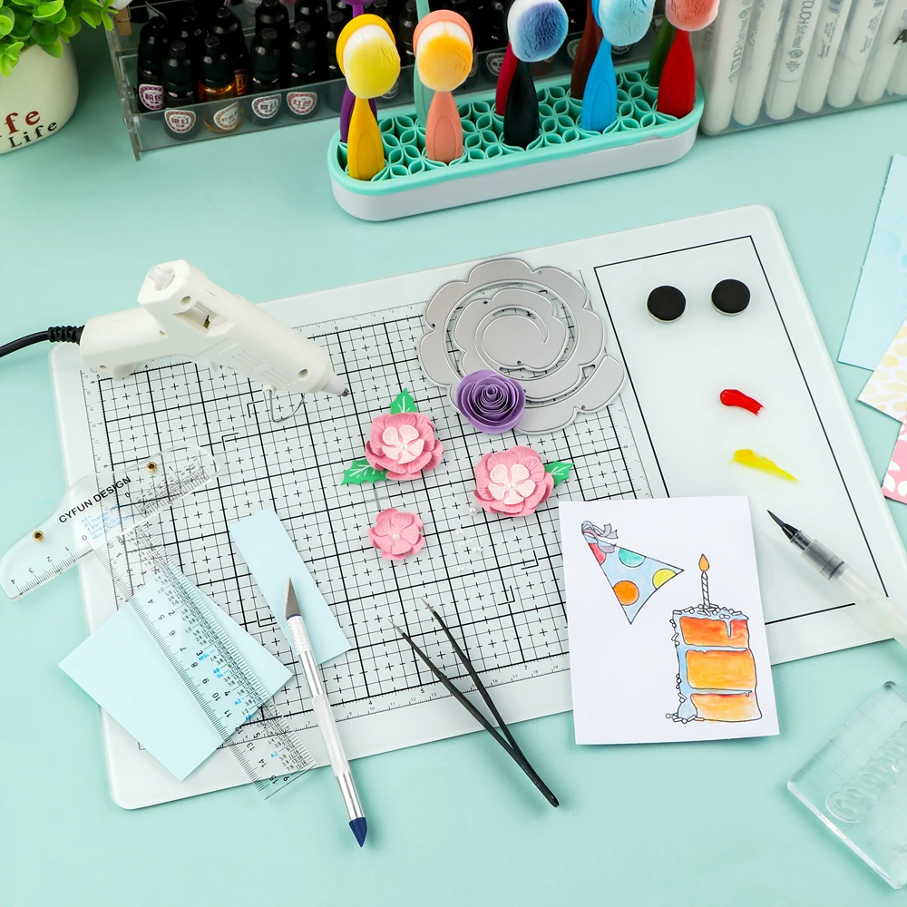 40x26cm All-in-one Magnetic Glass Craft Mat Scratch Media Cutting Mat For Cut Stamping Mixed Heat Embossing&Hot Glue DIY Project