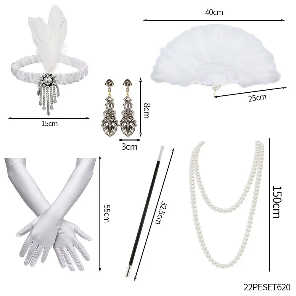 مجموعة أزياء وإكسسوارات بيضاء من عشرينيات القرن العشرين من PESENAR، مناسبة للحفلات التنكرية ذات طابع 1920