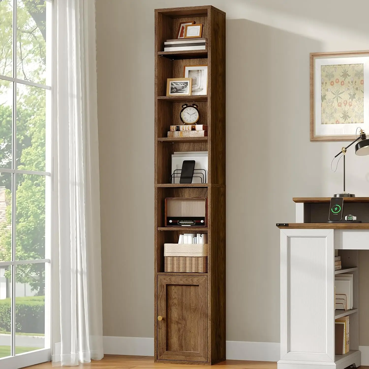 7-Tier Tall Narrow Bookshelf with Door, 70.9 Inches CD DVD Slim Media Tower Rack with Storage Cabinet, Adjustable Shelves, Skinn