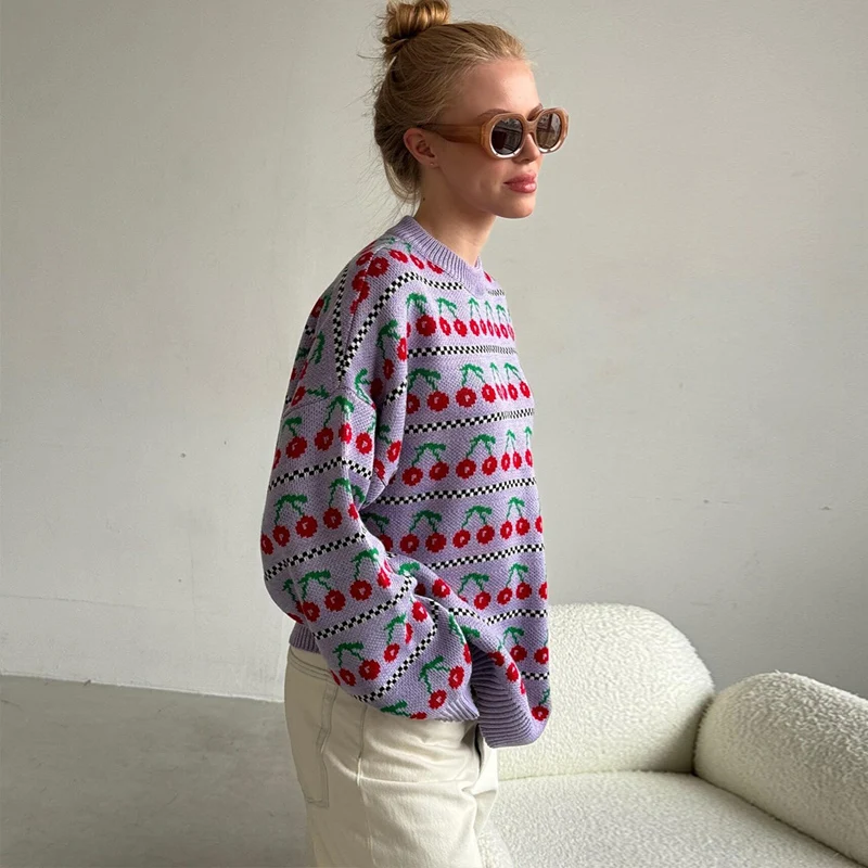 MSCSZ Cherry Printed Oversize Sweter Kobieta O-Neck Długi rękaw Przytulny Sweter Jesień Zima Świąteczny Sweter Kobieta