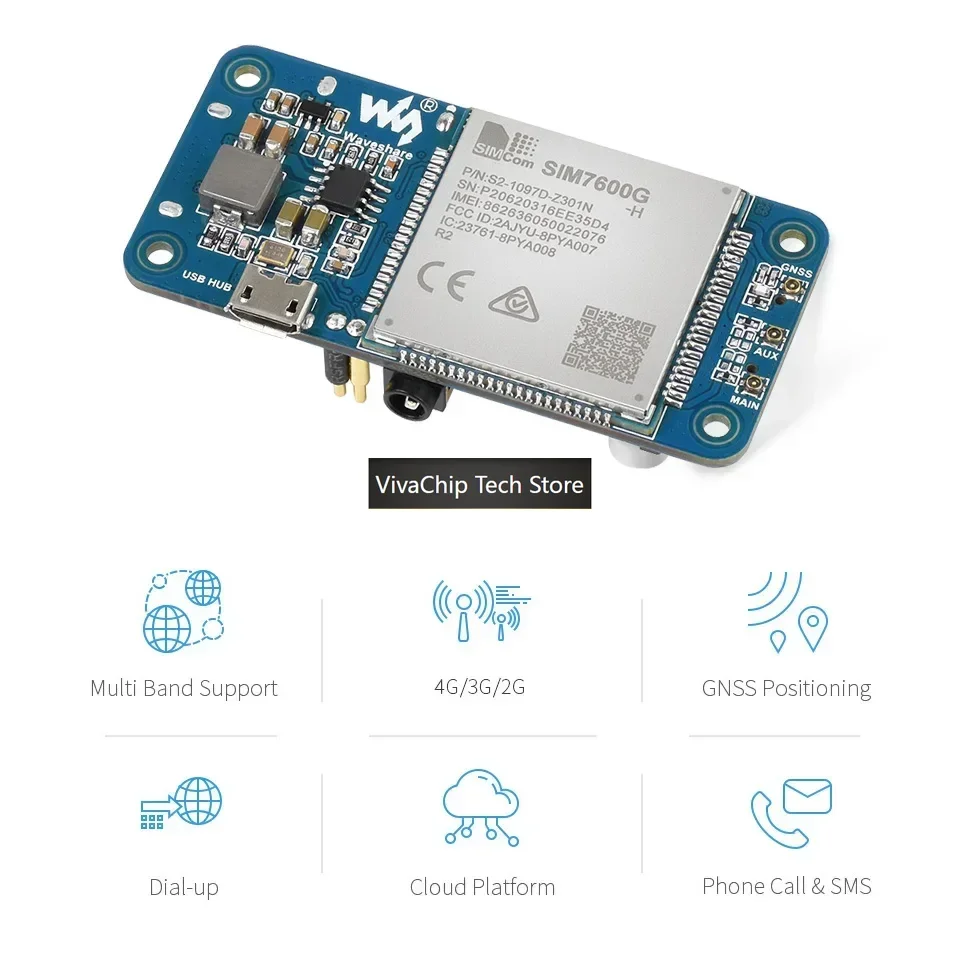 VivaChip TechWaveshare SIM7600G-H 4G HAT (B) For Raspberry Pi 4G/3G/2G