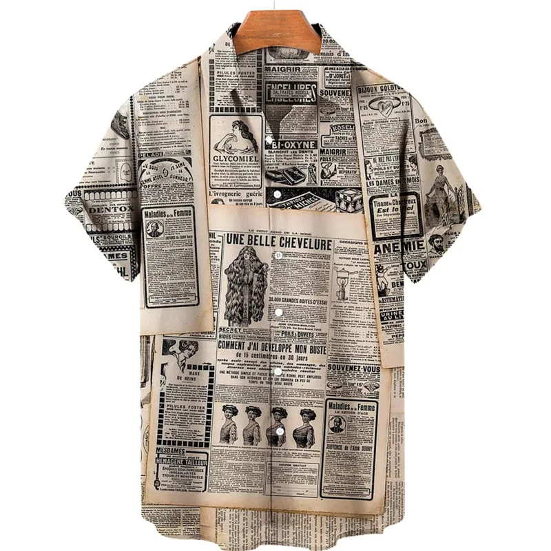 Hawaiian Beach Summer Men's Shirt 3D Printed Vintage News Papers Shirts Men Women Fashion Oversized Vocation Short Sleeve