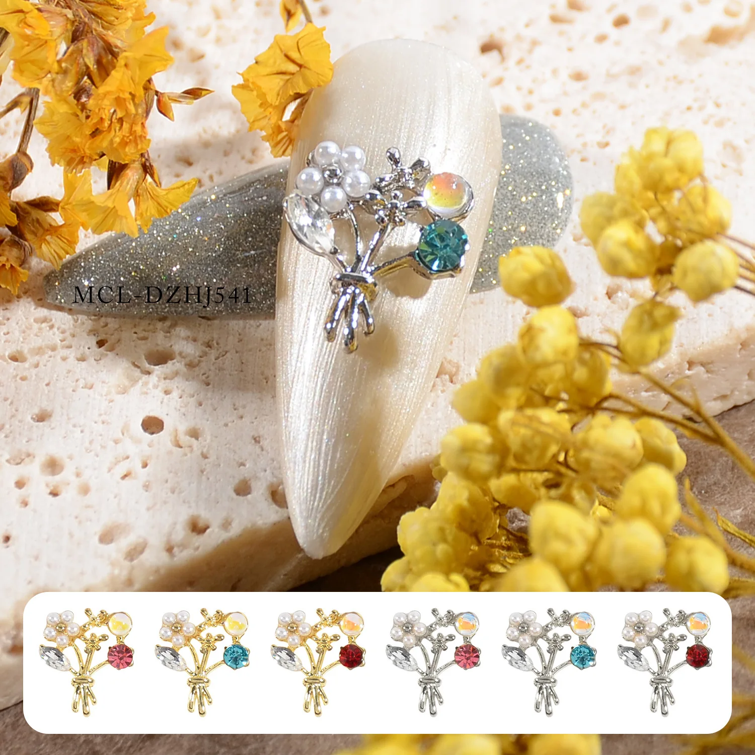 20pcs Alloy Rhinestone Nail Art Decorations with Sweet Flower Designs and 3D Accessories with Pearl Inlays for Romantic Nail Art