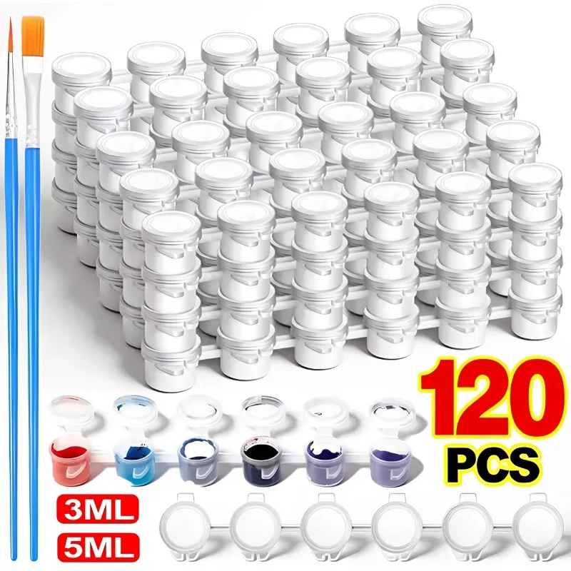3/5ml Empty Paint Pots with Lid Arts Crafts Supplies 20Strips Clear Storage Containers Box with Paint Brushes for Paintings