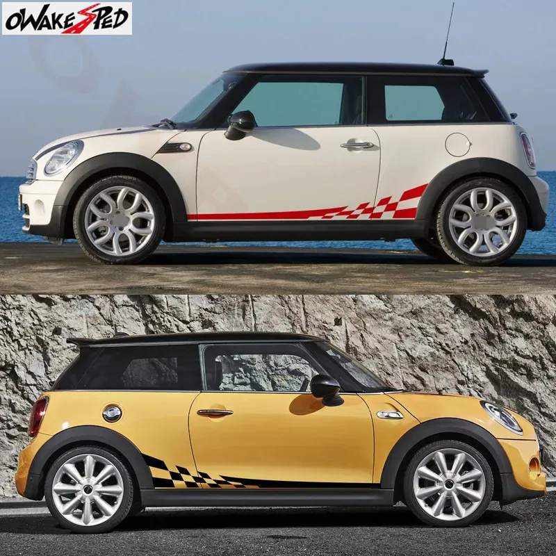 

2 Pcs Car Door Side Stripes Sticker Checkered Skirt Body Graphics Decal For MINI Cooper Clubman F54 R55 One S JCW Accessories