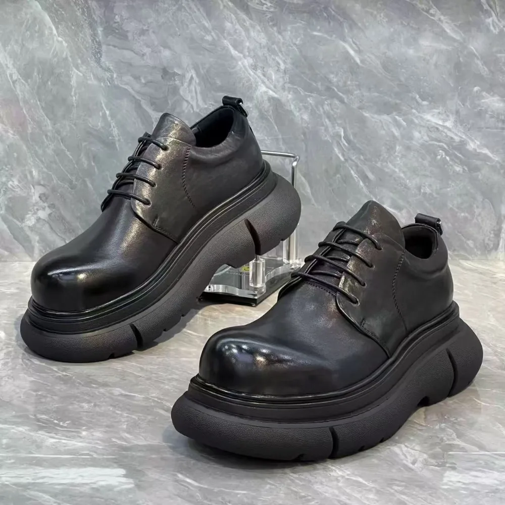 

New Catwalk Platform Derby Shoes Men's Cowhide Casual Men's Shoes Lace-up Heightened Fashion Leather Shoes Men