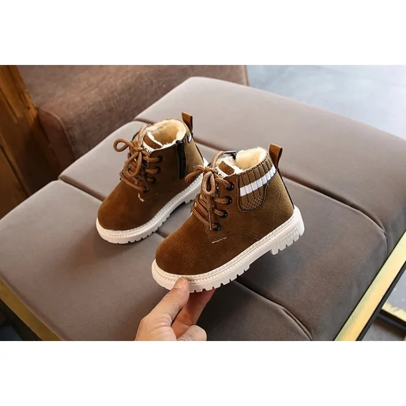 

Детские осенне-зимние теплые хлопковые кожаные ботинки, модная хлопковая обувь для девочек, зимние ботинки в стиле ретро с боковой молнией для мальчиков, на шнуровке спереди