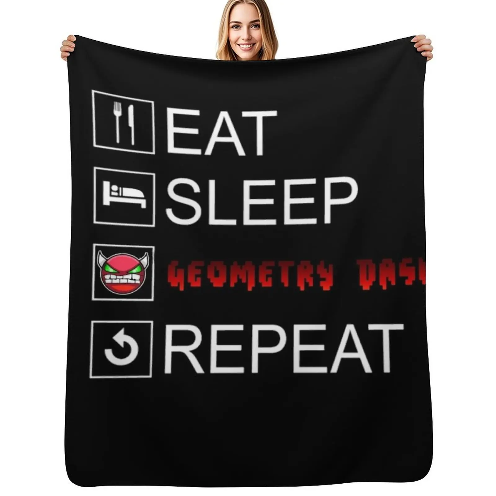 Eat Sleep Geometry Dash Repeat Coloured Throw Blanket Luxury St Hairy Hairys Furry Furrys Soft Big Blankets