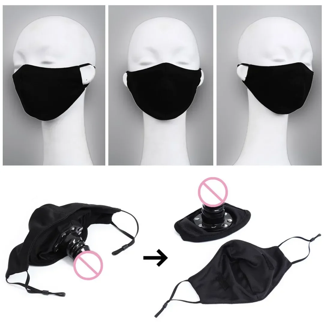 Removable BDSM Mask Open Mouth Gag Silicone Black Penis Plug Dildo Penis Gag Fetish Bondage Sex Toys for Woman Adult Game