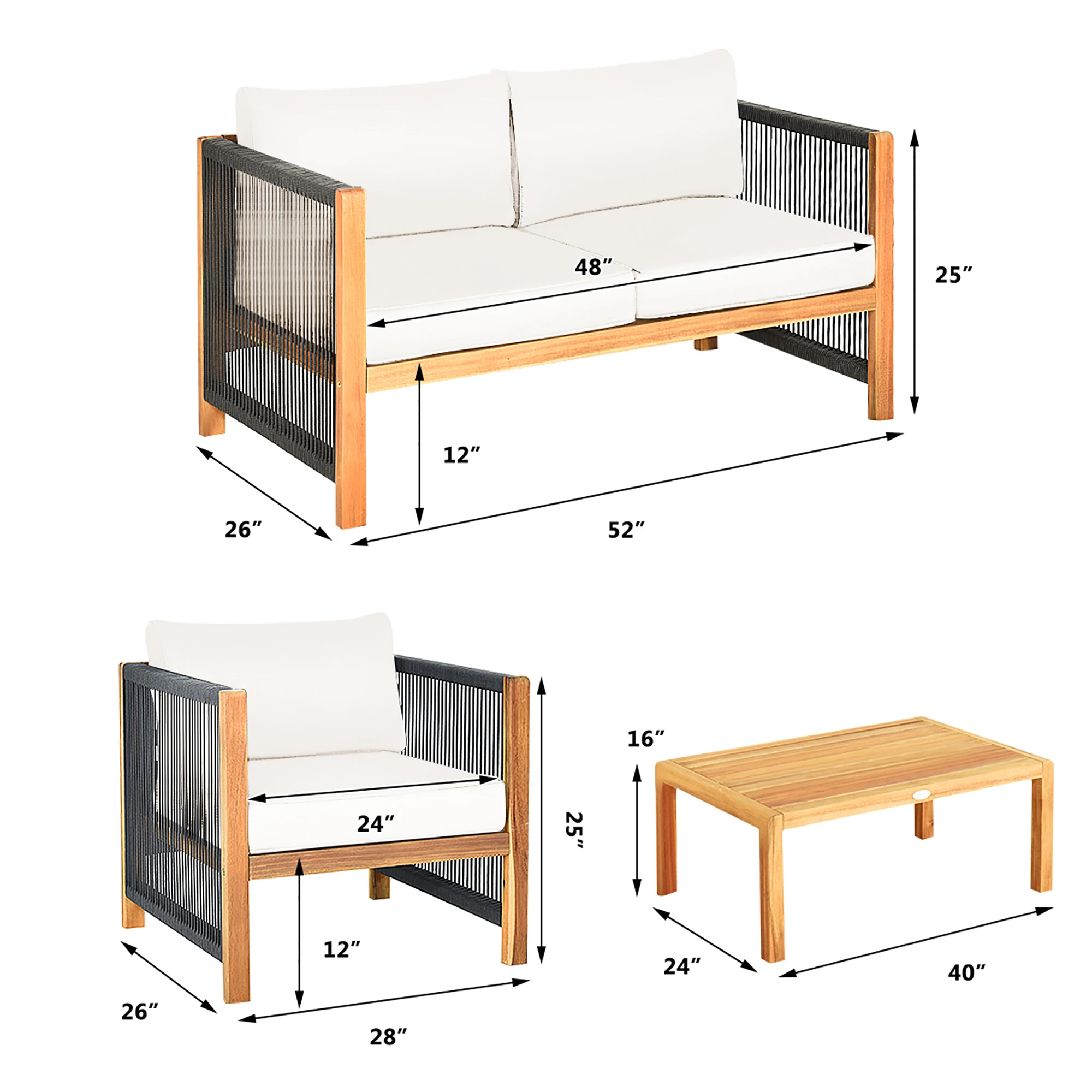 4PCS Wooden Patio Furniture Set CUS01hioned Sofa W/Rope Armrest White image 2